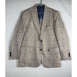 Paul Fredrick Linen Blazer Men's 43R Tan Plaid Windowpane Jacket Sport Coat